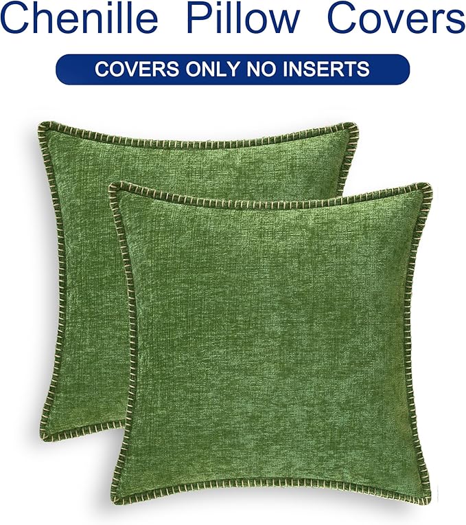 CaliTime Throw Pillow Covers Decorative 24 X 24 Inches Pack of 2 Cotton Thread Stitching Edges Solid Dyed Soft Chenille Cushion Cases for Couch Sofa Bed Living Room Farmhouse Forest Green