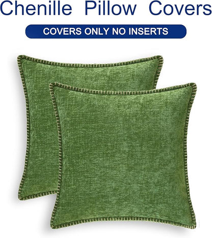 CaliTime Throw Pillow Covers Decorative 20 X 20 Inches Pack of 2 Cotton Thread Stitching Edges Solid Dyed Soft Chenille Cushion Cases for Couch Sofa Bed Living Room Farmhouse Forest Green
