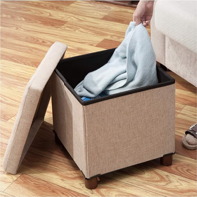 15 Inch Storage Ottoman with Wooden Legs - Cube Foot Rest Stool, Square Footstool, Comfortable Seat with Lid, Foldable Fabric Ottoman, Space-Saving Beige