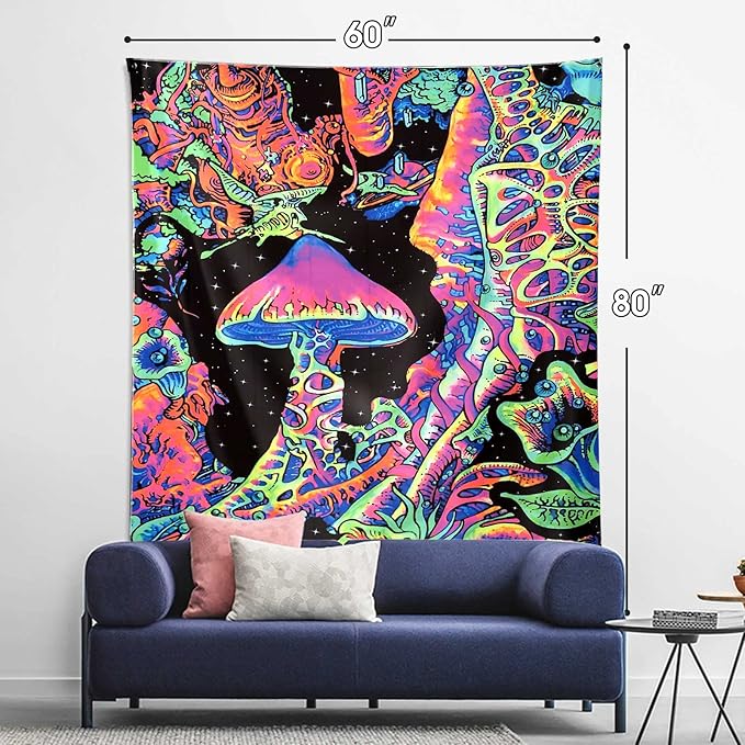 ADDWel Blacklight Mushroom Tapestry, Upright Tapestry Glow In The Dark, UV Reactive Black Light Tapestries Posters Wall Hanging for Backdrop Bedroom Dorm Living Room Decor(60"x80")