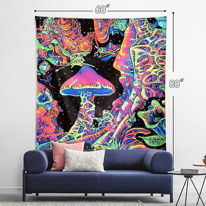 ADDWel Blacklight Mushroom Tapestry, Upright Tapestry Glow In The Dark, UV Reactive Black Light Tapestries Posters Wall Hanging for Backdrop Bedroom Dorm Living Room Decor(60"x80")
