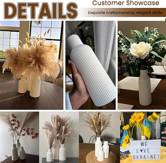 3-Piece Glossy Beige Ceramic Vase Set with Vertical Lines, Minimalist Solid Color Design, Decorative Vases for Shelf, Mantel & Tabletop, Assorted Sizes (9.8"/7.8"/5.9" H)