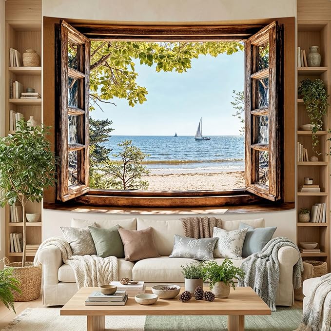 Lifeel Beach Landscape Tapestry, Tropic Ocean Tree Nature Scenic Window Tapestries for Living Room Bedroom Home Decor, 60x80 inches