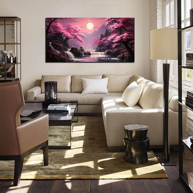 Landscape Wall Art for Living Room Bedroom Office Pink Wall Art Moon Lake Mountain Pictures Modern Artwork Framed Wall Decor Canvas Prints 24x48 In