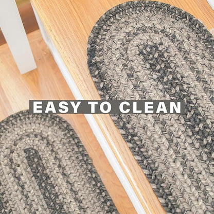 Homespice Flint Hill Jute Braided Staircase Step Treads, Warm Primitive Decor, Set of 13, Grey 8x28 Oval Rug for Stairs - Easy to Clean, Tightly Stitched and Durable