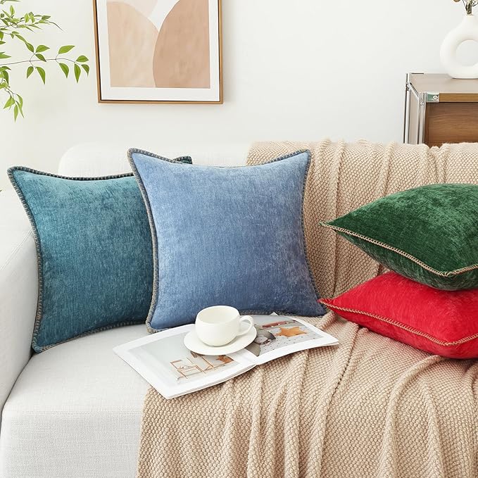 decorUhome Spring Chenille Soft Throw Pillow Covers 20x20 Set of 2, Farmhouse Velvet Neutral Decorative Pillow Covers with Stitched Edge for Couch Sofa Bed Home Decor, Blue