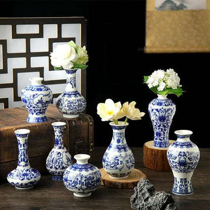 Dandat 8 Pcs Mini Chinoiserie Bud Vases Ceramic Blue and White Floral Chinese Porcelain Vase Set for Shelf Table Centerpieces Home Decor(Fresh)