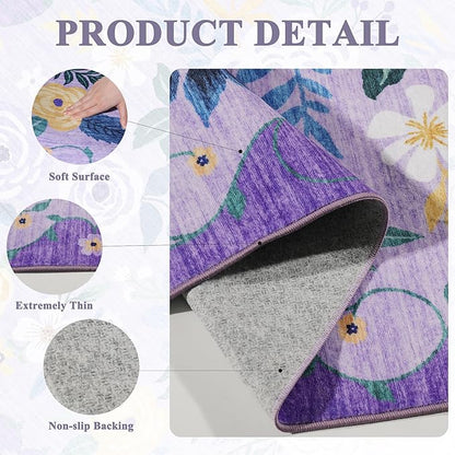 DUKINO 2x6 Runner Rug for Hallway, Washable Kitchen Rug with Non Slip Backing, Low Pile Soft Boho Floral Runner for Kitchen, Hallway, Entryway, Laundry, Bedroom, Purple