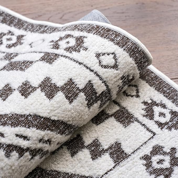 Moroccan Washable Entryway Rug 2x3, Geometric Decorative Woven Area Rug, Non-Slip Boho Accent Soft Low-Pile Indoor Door Mat, Small Throw Rug for Bathroom Front Porch, Dark Brown/White