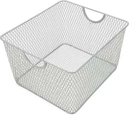 YBM Home Mesh Wire Storage Basket for Shelves, Pantry Organization, and Kitchen - Multipurpose Steel Wire Basket Holder Bin for Organizing Office Supplies, Household Toiletries and Laundry Supplies
