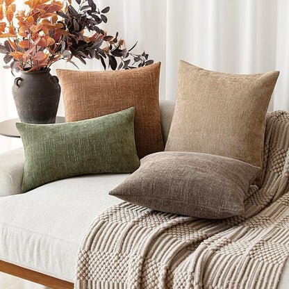 Foindtower Pack of 2 Textured Chenille Throw Decorative Pillow Covers Square Accent Solid Cushion Cover Neutral Farmhouse Lumbar Pillow Case for Couch Sofa Bedroom Living Room 12x20 Inch,Dark Green