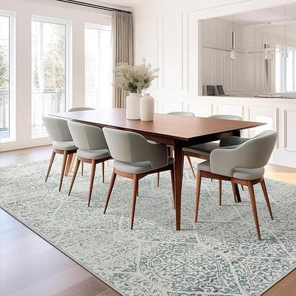 10x14 Area Rugs for Living Room Large Washable Rugs for Bedroom Floral Vintage Non-Slip Thin Area Rug Indoor Home Office Decor Light Blue