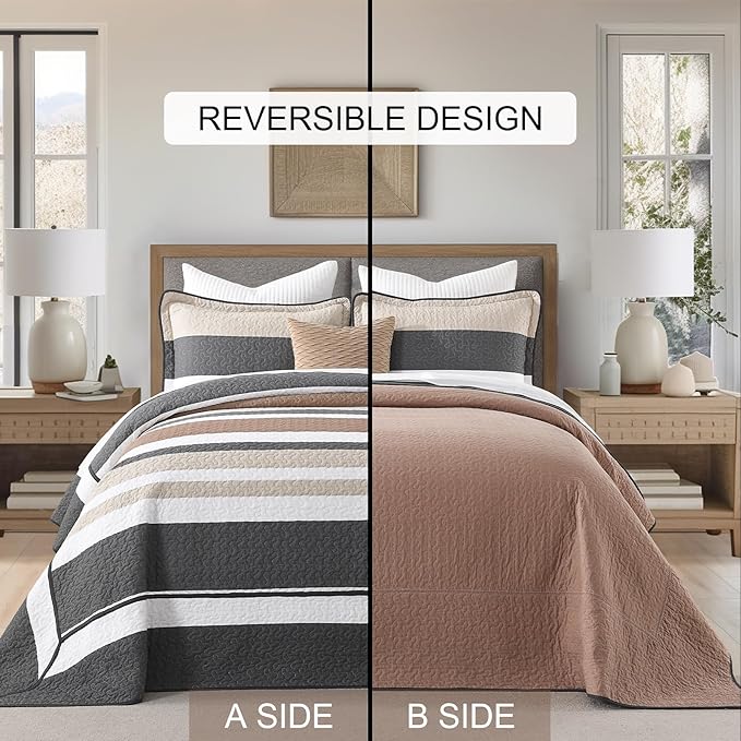 SahSahCasa 120"x102" 100% Cotton Oversized Queen Bedspread Coverlet Striped Quilt Set, Quilted Bedspread Extra Large Quilt, XL Bed Spread Lightweight Comforter, 3pc, Charcoal/Brown/Beige