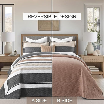 SahSahCasa 120"x102" 100% Cotton Oversized Queen Bedspread Coverlet Striped Quilt Set, Quilted Bedspread Extra Large Quilt, XL Bed Spread Lightweight Comforter, 3pc, Charcoal/Brown/Beige