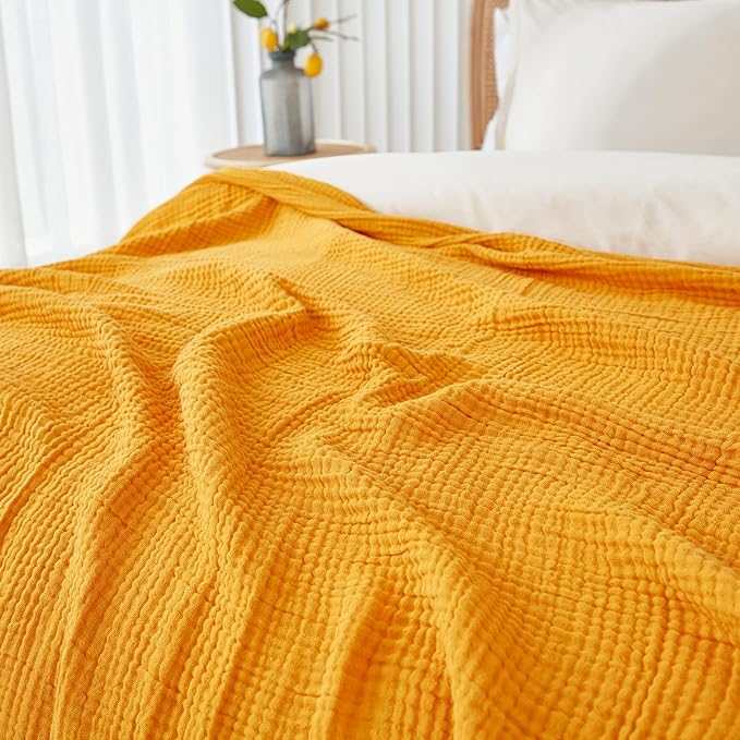 EMME Cotton Muslin King Blanket Bed Layering Breathable Gauze Blanket Soft Lightweight Blankets Adults (Mustard Yellow, 108"x90")