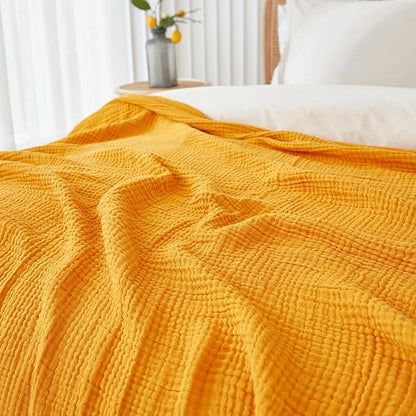 EMME Cotton Muslin Twin XL Blanket Breathable Gauze Blanket Soft Lightweight Blankets Adults Gifts for Women (Mustard Yellow, 66"x90")