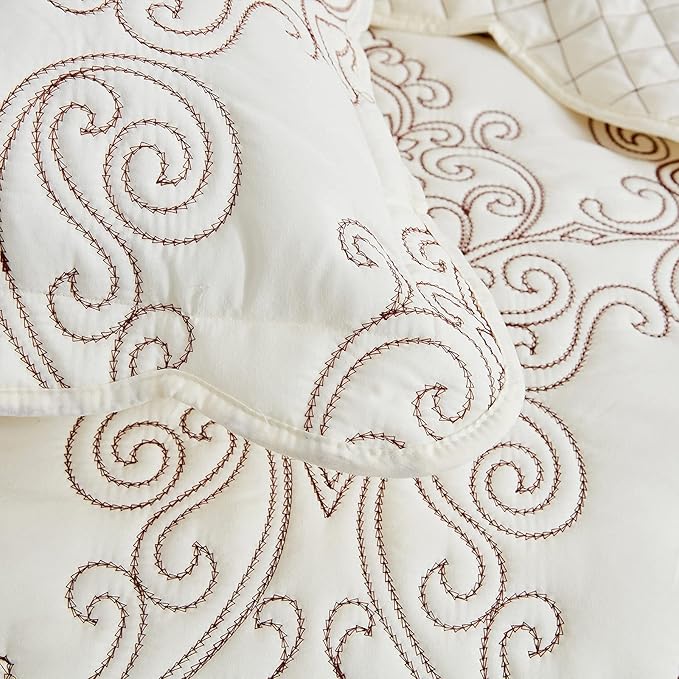 CHIXIN Bedspread Coverlet Set Queen Size - Lightweight Bedding Cover - Beautiful Stitching - 5 Piece Reversible Bedspread - Luxury Damask Paisley Pattern (Queen, Ivory)