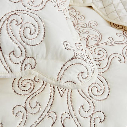 CHIXIN Bedspread Coverlet Set Queen Size - Lightweight Bedding Cover - Beautiful Stitching - 5 Piece Reversible Bedspread - Luxury Damask Paisley Pattern (Queen, Ivory)