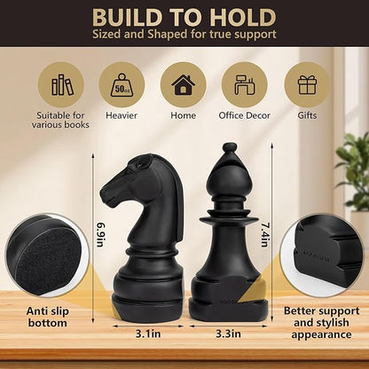 Chess Book Ends for Shelves – Elegant Decorative Bookends for Heavy Books, Office & Living Room Decor – Modern Shelf Organizer and Gift for Book Lovers by ROOKMATE (Matte Black, Légal’s Mate)