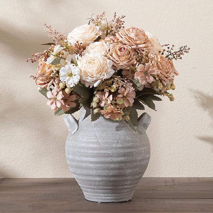 Ceramic Farmhouse Flower Vase, 7.36 Inch Rustic Decorative Vintage Vases for Home Decor Table Living Room Kitchen Bedroom Shelf Mantel Wedding Centerpiece