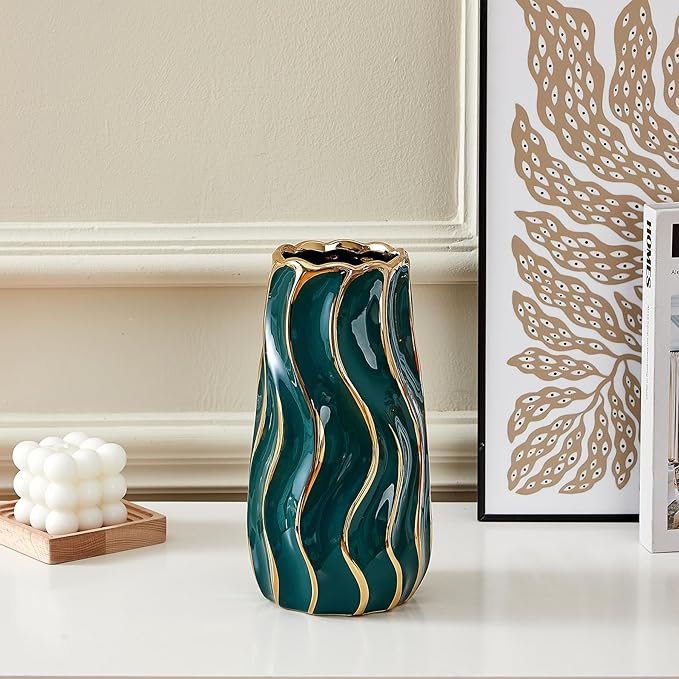 Ceramic Vase, Green Vase for Home Decor,Decorative Flower Vase, Vertical Stripe Ceramic Vases for Home Décor, Bedroom, Office, Living Room, Bathroom, Tabletop Decor, Centerpiece (Green)