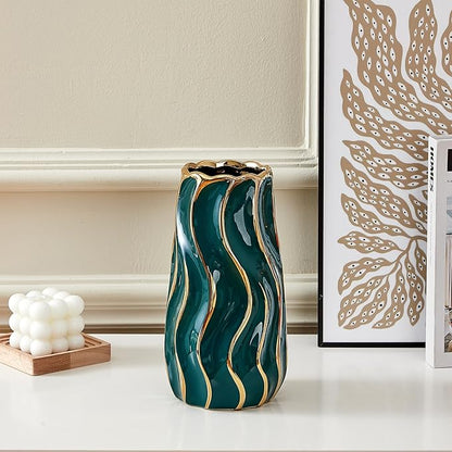 Ceramic Vase, Green Vase for Home Decor,Decorative Flower Vase, Vertical Stripe Ceramic Vases for Home Décor, Bedroom, Office, Living Room, Bathroom, Tabletop Decor, Centerpiece (Green)