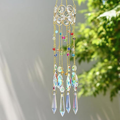 HDCRYSTALGIFTS 14.5'' Length Crystal Suncatchers, Hanging Crystals Sun Catcher with Colorful Beads Chain Rainbow Maker for Window Indoor Outdoor Home Office Garden Decoration
