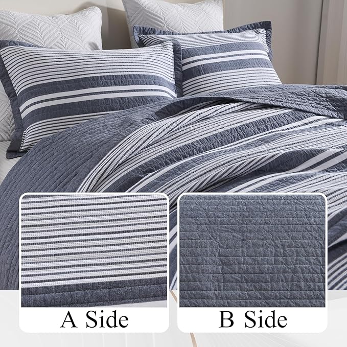 100% Cotton Quilt Set King Size, King Quilt Bedding Set, Waffle Texture Quilt Bedspread for King Bed, Striped Reversible Bed Spread Lightweight Comforter, 3Pcs, Slate Gray