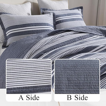 100% Cotton Quilt Set Queen Size, Queen Quilt Bedding Set, Waffle Texture Quilt Bedspread for Queen Bed, Striped Reversible Bed Spread Lightweight Comforter, 3Pcs, Slate Gray