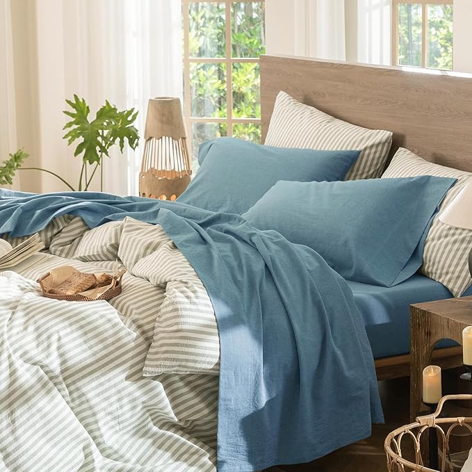 MooMee Bedding Sheet Set 100% Washed Cotton Linen Like Textured Breathable Durable Soft Comfy (Heathered Peacock Blue, Queen)