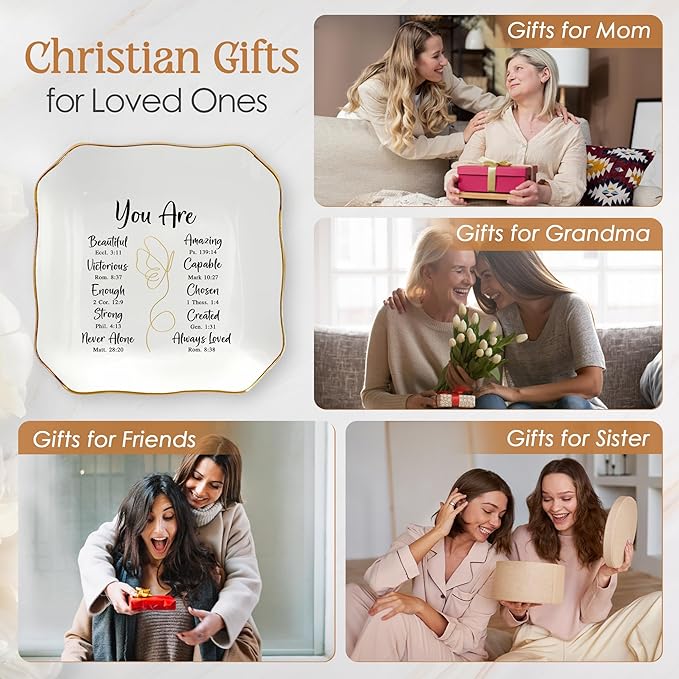 OASSIE Christmas Christian Gifts for Women Faith - 4"x4" Ceramic Jewelry Dish Tray - Christmas Inspirational Catholic Birthday Gifts for Women Friends, Wife Present Ideas, Trinket Dish Jewelry Tray
