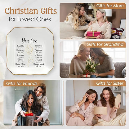 OASSIE Christmas Christian Gifts for Women Faith - 4"x4" Ceramic Jewelry Dish Tray - Christmas Inspirational Catholic Birthday Gifts for Women Friends, Wife Present Ideas, Trinket Dish Jewelry Tray