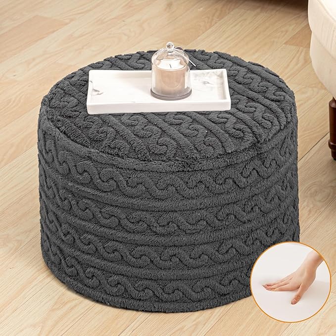 Round Plush Ottoman Pouf Stuffed– Fluffy Ottoman Foot Rest with Modern Foam Filler 20" x 14" Cozy Floor Pouf for Living Room & Bedroom (Gray)