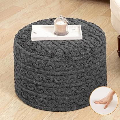 Round Plush Ottoman Pouf Stuffed– Fluffy Ottoman Foot Rest with Modern Foam Filler 20" x 14" Cozy Floor Pouf for Living Room & Bedroom (Gray)