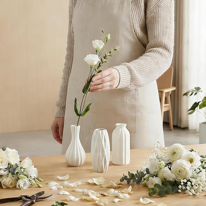 BEAHOT Ceramic Bud Vase Set of 12 - Glossy White Bud Vases: Unique Glazed Mini White Centerpiece for Flowers, Weddings, DIY Floral Decor - Boho & Modern Home Table Styling, Gift Ready