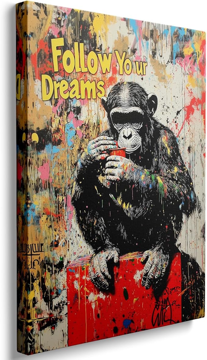 Ypxzzj Banksy Street Graffiti Monkey Canvas Wall Art for Living Room,Follow Your Dreams Animal Picture Prints Canvas Artworks,Doodle Monkey for Wall Decor Framed Ready to Hang