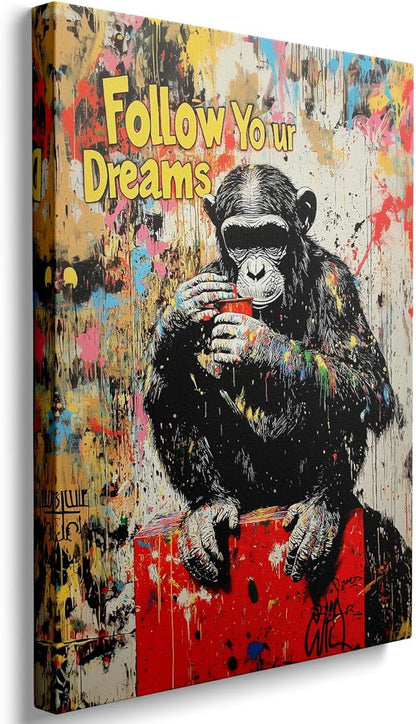 Ypxzzj Banksy Street Graffiti Monkey Canvas Wall Art for Living Room,Follow Your Dreams Animal Picture Prints Canvas Artworks,Doodle Monkey for Wall Decor Framed Ready to Hang
