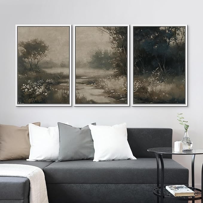 MUDECOR Framed Wall Art Print Set Vintage Landscape Subtle Forest and River in Earthy Tones Illustrations Modern Art Boho Decorative Colorful Chic for Living Room, Bedroom, Office - 16"x24"x3 White