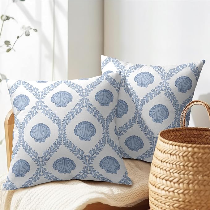 Light Blue Coastal Pillow Covers 20x20 Set of 2 Ocean Coral Shell Pattern Outdoor Decorative Linen Summer Throw Pillows Cases with Zipper Cushion Cover Rustic Decoration Farmhouse Sofa Couch Bed Decor