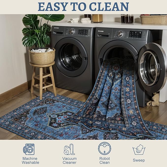 Tangsoo Blue 2x6 Washable Runner Rug for Hallways, Non Slip Oriental Runner Rug, Vintage Soft Low Pile Long Rug Runner, Carpet Runners for Kitchen Bedroom Entryway Bathroom Living Room Blue/Black