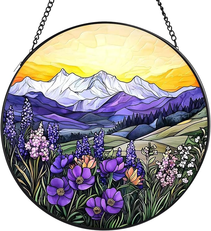 Valley Stained Glass Window Hanging, 7.8" Round Sun Catcher Hand Painted Wall Art Decor with Chain, Unique Housewarming Gifts for Couples, Home
