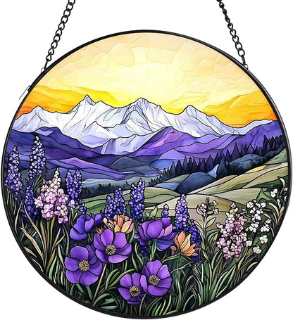 Valley Stained Glass Window Hanging, 7.8" Round Sun Catcher Hand Painted Wall Art Decor with Chain, Unique Housewarming Gifts for Couples, Home