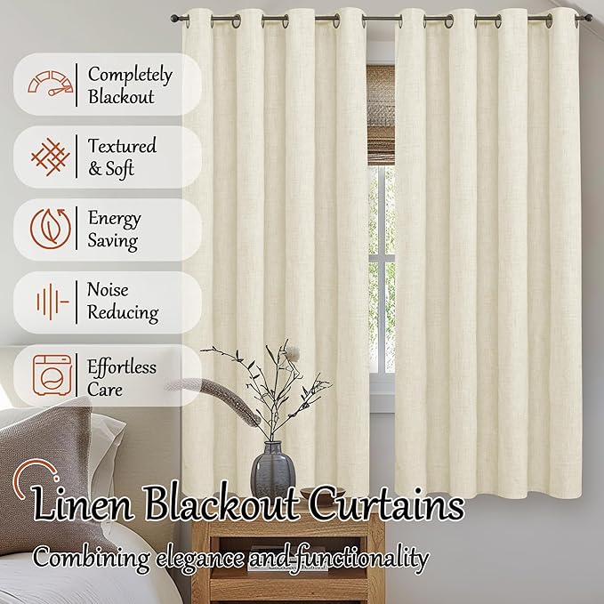 Lajode 60 Inch Wide Linen Blackout Curtains for Bedroom 63 Inch Length 2 Panels, Total Black Out Thermal Insulated Energy Efficiency Grommet Boho Window Drapes White Liner for Modern Farmhouse, Cream