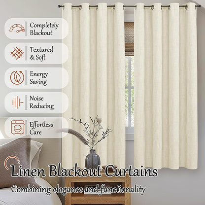 Lajode 60 Inch Wide Linen Blackout Curtains for Bedroom 63 Inch Length 2 Panels, Total Black Out Thermal Insulated Energy Efficiency Grommet Boho Window Drapes White Liner for Modern Farmhouse, Cream