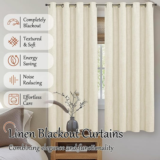 Lajode 60 Inch Wide Linen Blackout Curtains for Bedroom 63 Inch Length 2 Panels, Total Black Out Thermal Insulated Energy Efficiency Grommet Boho Window Drapes White Liner for Modern Farmhouse, Cream