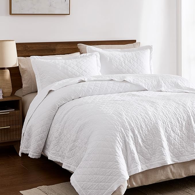 WDCOZY 100% Pre-Washed Cotton King Size Quilt Set - White Ruffle Box Soft Lightweight Bedspread, Textured Like Linen, Farmhouse Country Rustic Coverlet, Shabby Chic Gauze Bedding, 3 Pieces