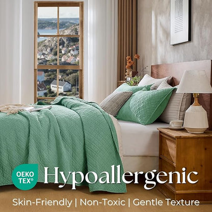 DOWN HOME Twin Quilt Set with Sham Lightweight Quilted Bedspread Coverlet Thin Comforter Bed Cover Vintage Washed Quilted Blanket for All Season, Brushed Microfiber Diamond Stitching, Green, 66"x92"