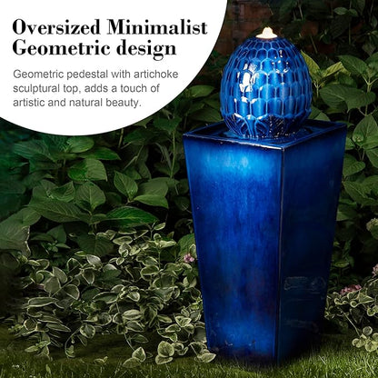 Glitzhome Ceramic Outdoor Water Fountain with LED Light, Oversized Artichoke Pedestal Water Fountains with Submersible Pump, Patio Fountain Waterfall for Garden Patio Deck Porch, Cobalt Blue, 35.75" H