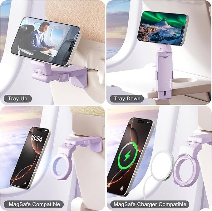 Perilogics Airplane Phone Holder for MagSafe. Universal Phone Mount for Long Flight Airplane Travel Essentials, Cruise Must Haves. Ideal Travel Accessory for Vacation and Content Creators (Lavender)