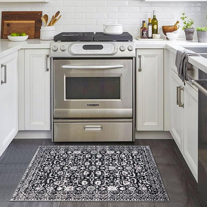 Vintage Entryway Rug 2x3 Washable, Black and White Kitchen Rug, Super Soft Thin Faux Wool Small Area Rug, Non-Slip Accent Mat for Foyer, Bedroom, Office